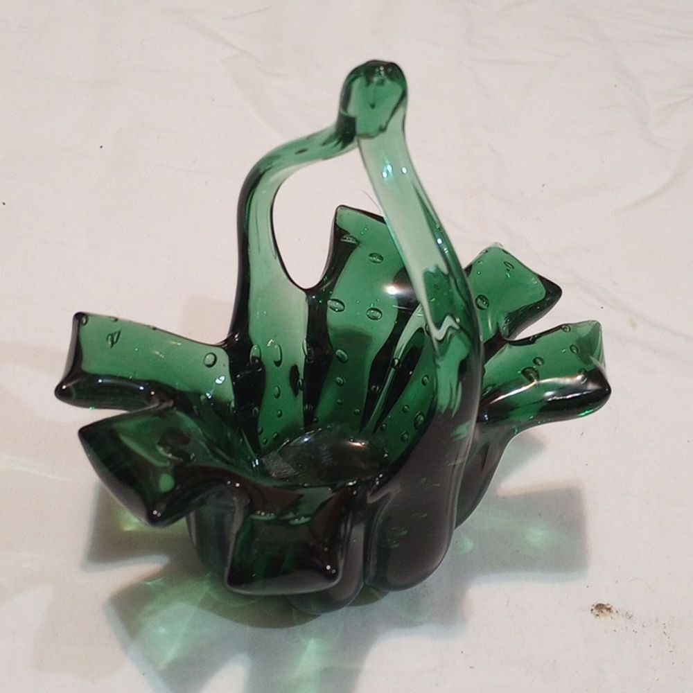 Vintage Heavy Hand Blown Green Glass Bowl